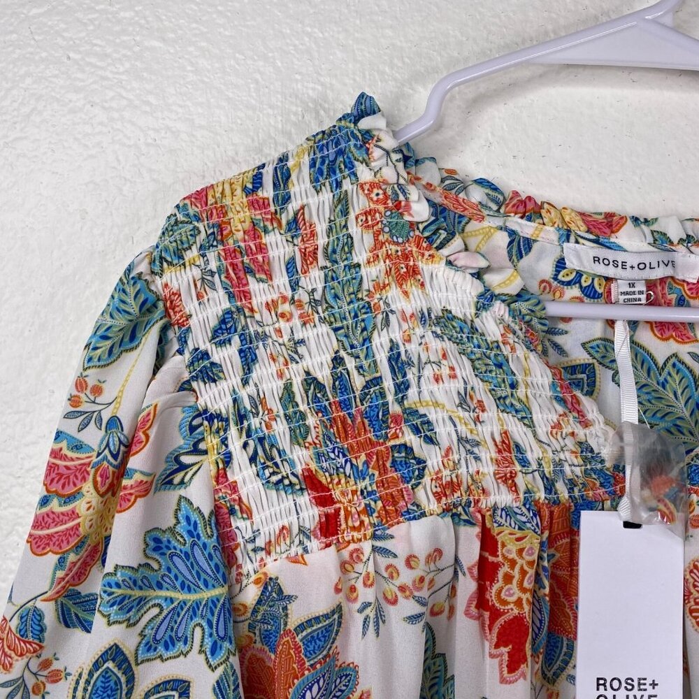 Rose & Olive Top Women's Short Sleeves Ruffles Smocked Floral Mulitcolor 1X NWT - Picture 5 of 11